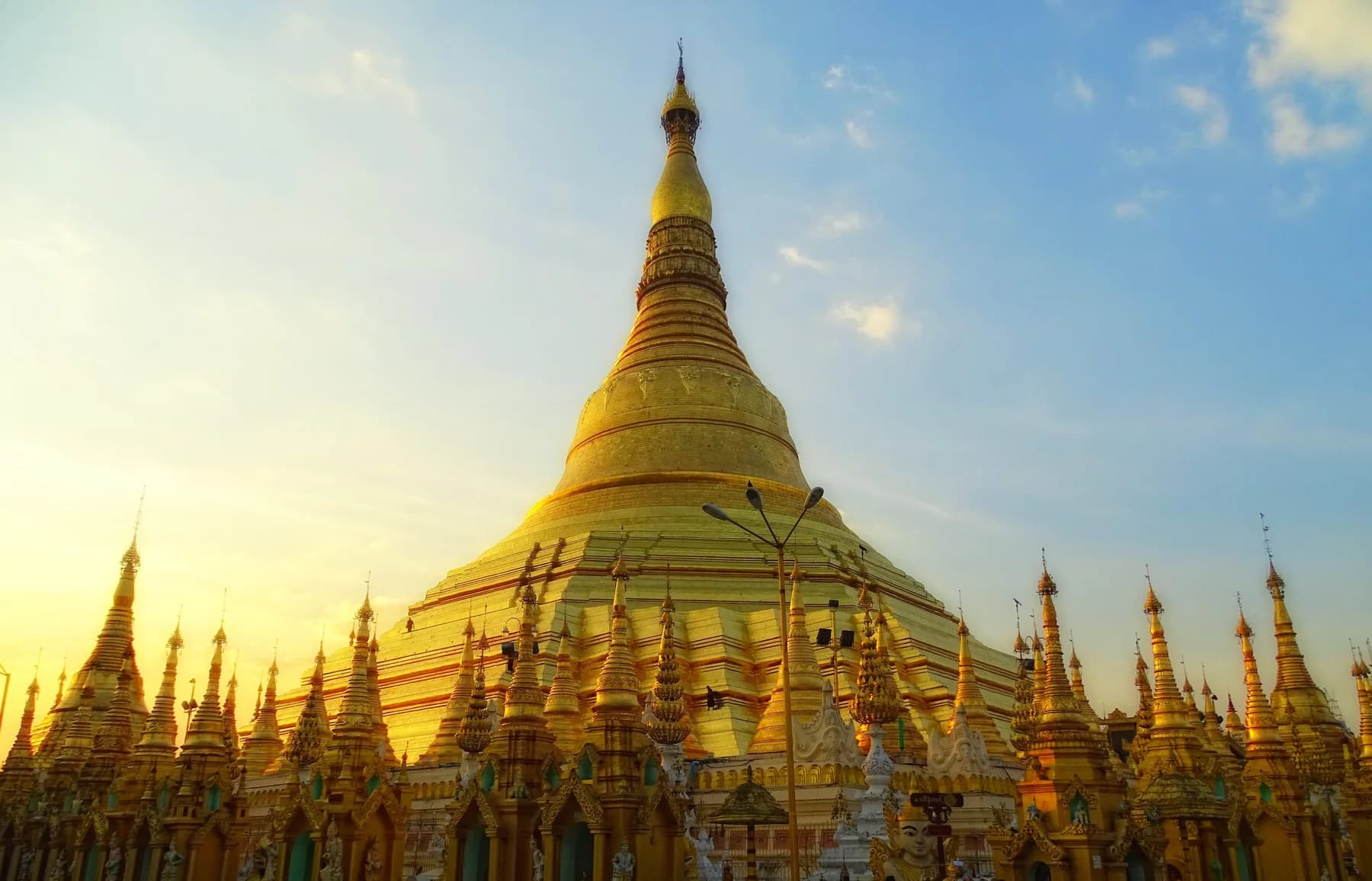 Sunlight on the golden shrines of Shwedagon Pagoda